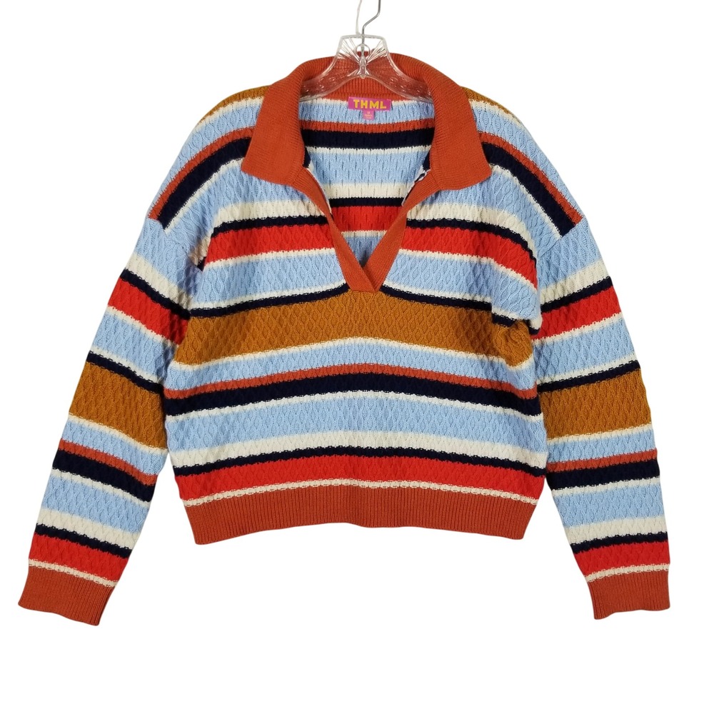 THML Striped Cable Knit Sweater Women Medium Multicolor Polo V-Neck WK0340-1-ST
